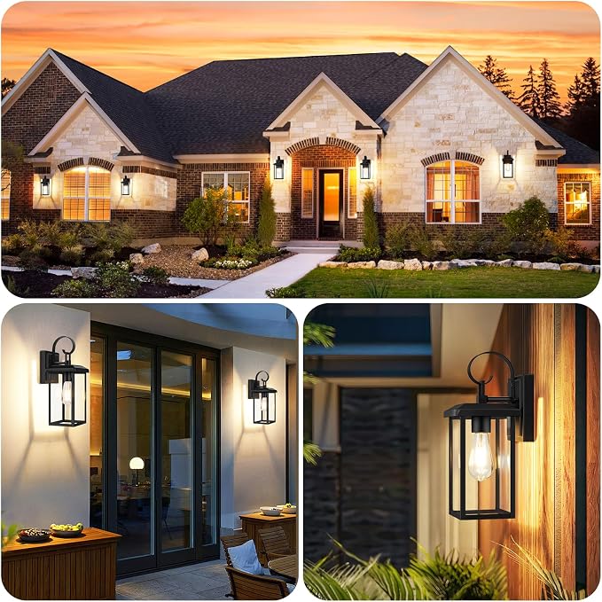 BesLowe 2-Pack 15” Outdoor Wall Light Fixtures, Black Modern Porch Sconces | Waterproof, Rust-Resistant, Durable Metal with Clear Glass, Standard E26 Socket, Easy to Install