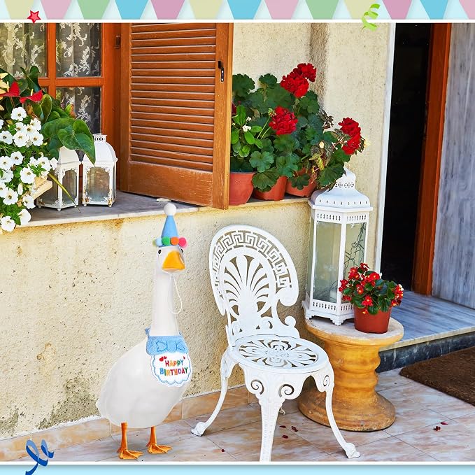 Abbylike Happy Birthday Goose Outfit Lawn Porch Goose Outfits with Party Hat Bandana for 23" 17" Cement Plastic Duck Decor(Blue)