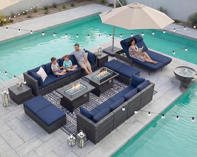 NICESOUL 18 Piece Patio Furniture Set with Fire Pit Table and Chaise, 29.3'' High Back Outdoor Wicker Couch Sets with Firepit and Lounger, 500 lbs Heavy Duty 14-Seat Outdoor Sectional, Gray & Navy