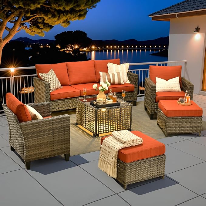6 Piece Wicker Patio Furniture Set with Solar Table, Orange | Outdoor Deep Seating Sofa Chair Ottoman, Solar Lights Table, All Weather Rattan, Modern Conversation Set, Porch Deck Backyard