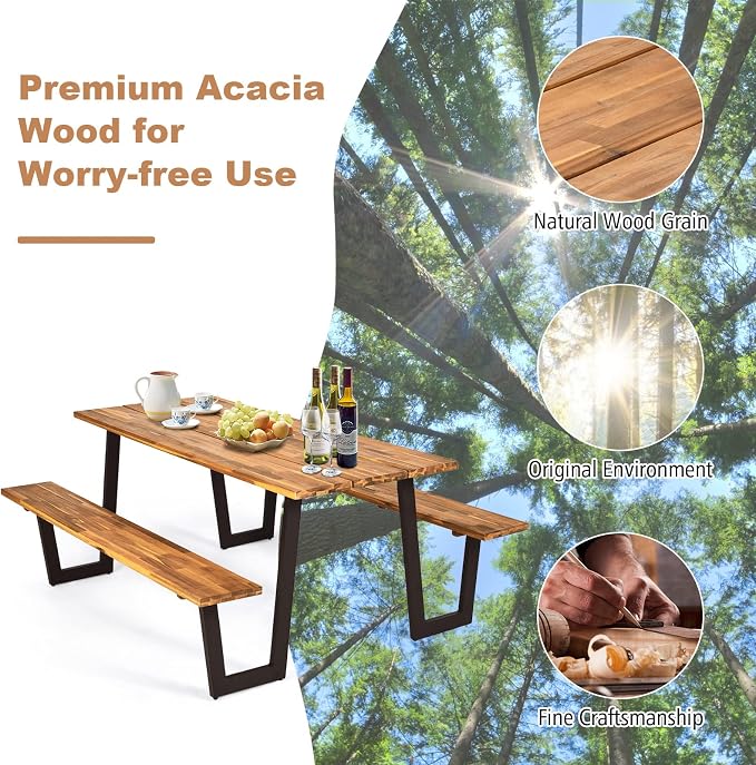 COSTWAY Acacia Wood Picnic Table, 70” Tabletop with Umbrella Hole, Patented Design, Strong Metal Frame, 6 Person Outdoor Picnic Table Bench Set for Patio, BBQ, Dining