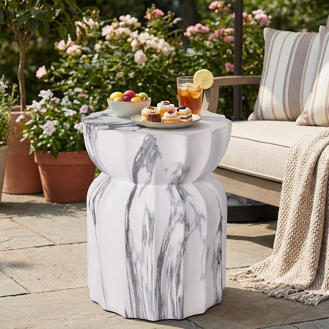 Christopher Knight Home 18.9 Inch Modern Outdoor Faux Concrete Side Table, Sculptural Fluted Hourglass Accent Table for Patio Garden Balcony Poolside
