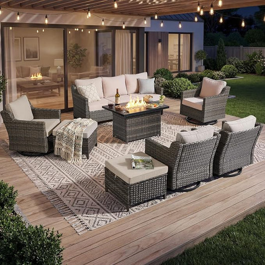 Luxury Patio Furniture Sofa Set - 8 Pieces All Weather Wicker Outdoor Couch and High Back Swivel Rocker Patio Chairs with fire Pit for Deck Yard and Poolside Gray Wicker | Beige Cushions