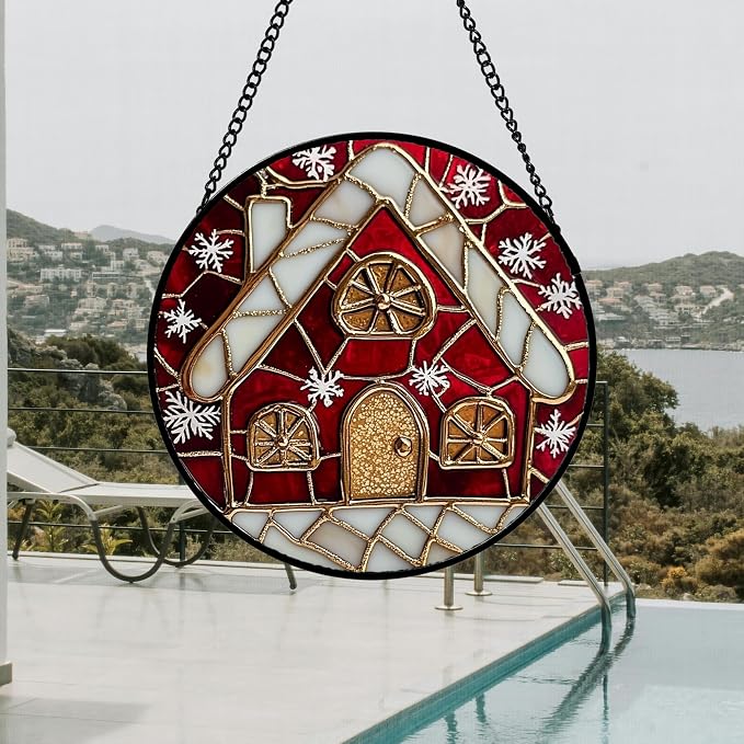 DASTOLL Stained Glass Window Hanging 4 Pcs Set Red Christmas Themed Decorations 7.8" - Suncatcher Door Garden Sun Catcher Decor Birthday New Year for Mom Woman Nana Men