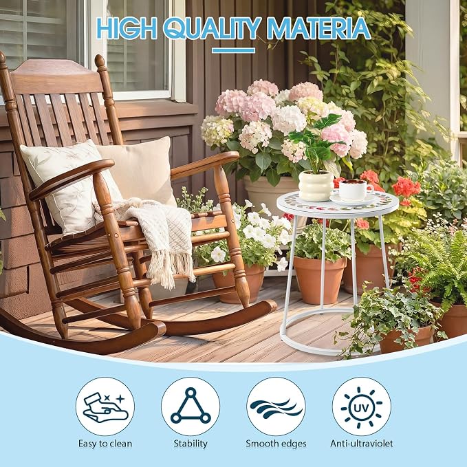 Vercraft Small Outdoor Side Table, 14" Patio Side Tables with Flower Cut Outs Weather Resistant Metal Outdoor End Table for Patio Outside Porch Balconies Garden(White,Simple)