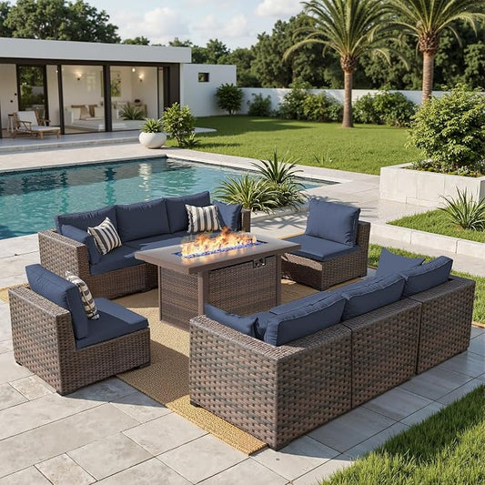 Grezone 9 Piece Patio Furniture Set with 44" Fire Pit Table, Outdoor Sectional Couch, PE Rattan Patio Conversation Sets with 4inch Cushions for Backyard Deep Blue (NY)