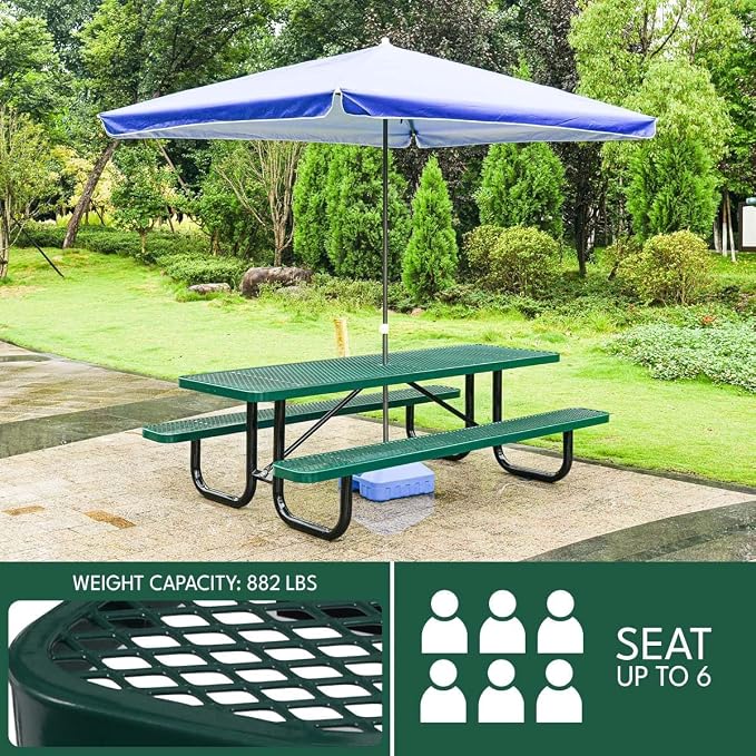 6 ft Outdoor Picnic Table with Umbrella Hole, Heavy-Duty Steel Frame, Rectangular Weather-Resistant Dining Table for Backyard, Patio & Garden, Green
