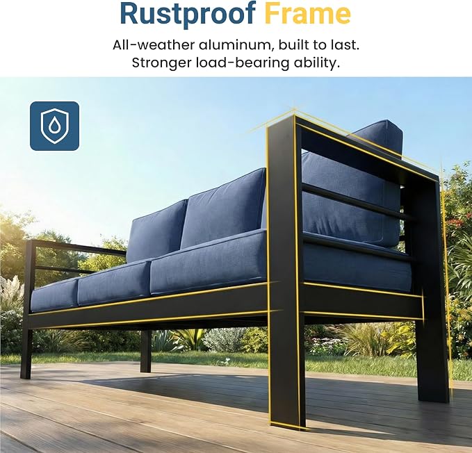 Wisteria Lane 5 Pieces Aluminum Patio Furniture Set with Umbrella, All Weather Oversized Outdoor Furniture Set with Deep Seat and Back Cushion, Patio Conversation Sets with Wide armrest, Blue & Gray