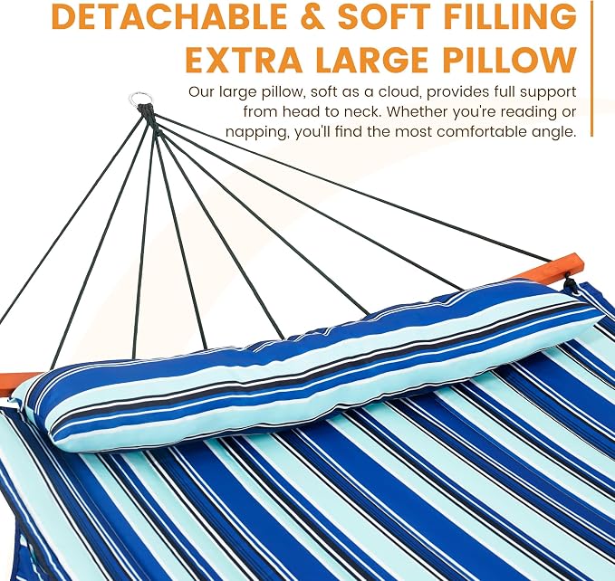 Lazy Daze Hammocks 12FT Quilted Double Hammock with V-Spreader Bar, 2 Person Portable Hammock with Nylon Rope, Side Pocket and Pillow, 450lbs Capacity, Includes Carry Bag for Outside, Blue Stripes