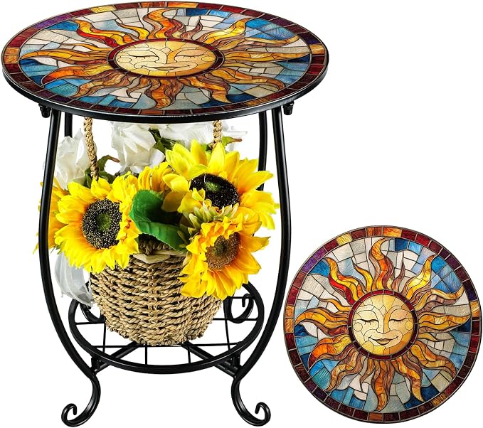 Cinnvoice Outdoor Side Table Round Small Mosaic Patio Accent Indoor End Plant Coffee Tea Table for Yard Patio Porch Garden Living Room, Bedroom(Sun Style,14 Inch)