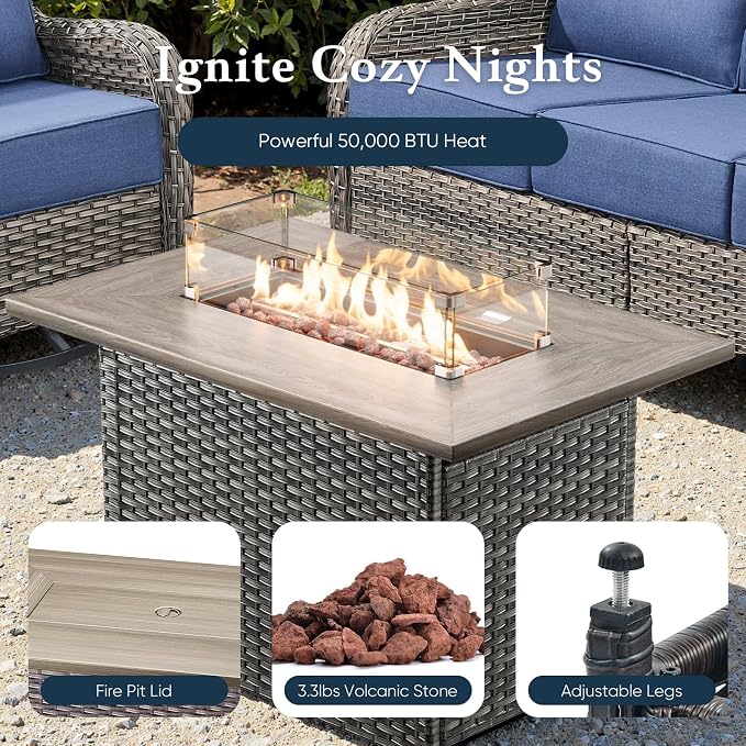 Belord Luxury 6" Thick Cushioned 11 Pieces Patio Furniture Set with Fire Pit Table, Wicker Outdoor Conversation Set with High Back Swivel Rocker Chairs for Deck Porch Yard and Poolside - Grey+Grey