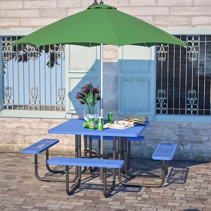46'' Heavy Duty Outdoor Picnic Table - Commercial Grade Square Steel Picnic Table Set, Umbrella Hole, Rust-Resistant Metal Mesh Tabletop for Patio, Garden, Park, BBQ - Blue