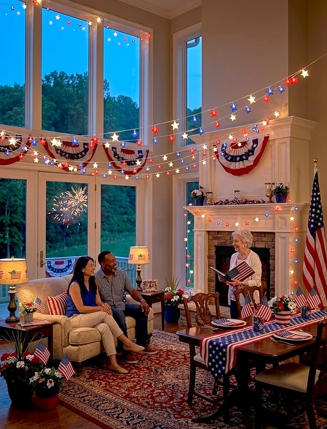 12Ft 4th of July String Lights, 20L LED Red White and Blue Star Lights | Plug in for Patriotic Home Porch Mantel Classroom Backyard Tree Decor, Independence Day Decorations, Indoor and Outdoor Use