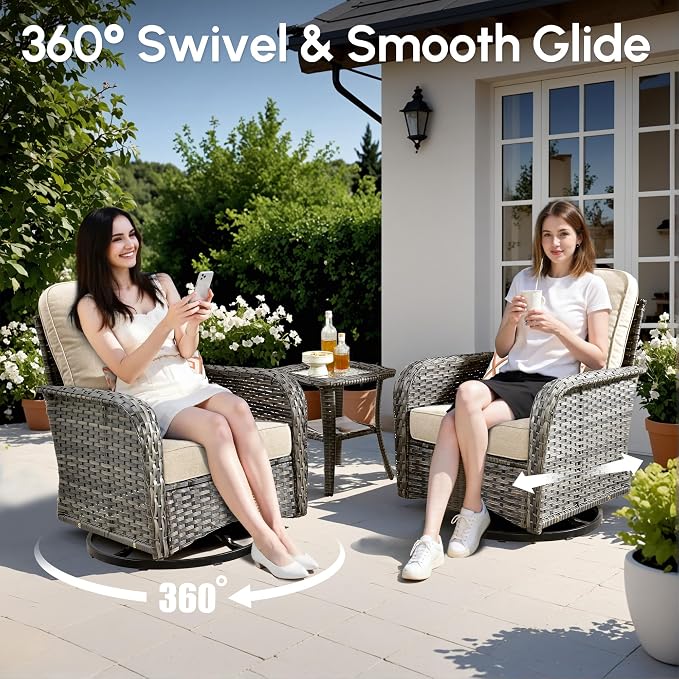 Wicker Rocking Chair Swivel Chairs - 3 Piece Rocker Glider Patio Chairs Set Rattan Rocking Chair for Outdoor Porch Deck Garden Backyard,Beige
