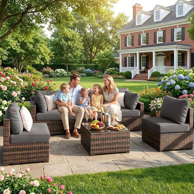 Grezone Patio Furniture Set 7 Piece Outdoor Wicker Sectional Sofa - All Weather High Backrest PE Rattan Couch Conversation Set with Cushion & Glass Top Table for Backyard Deck Porch, (Grey)