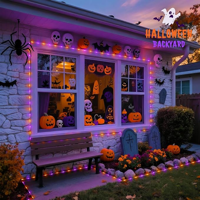JMEXSUSS 66 ft 200 LED Orange and Purple Halloween Solar Lights | Purple Christmas Rope Lights Outdoor Waterproof, Orange Halloween Lights for Halloween Fall Party Tree Christmas