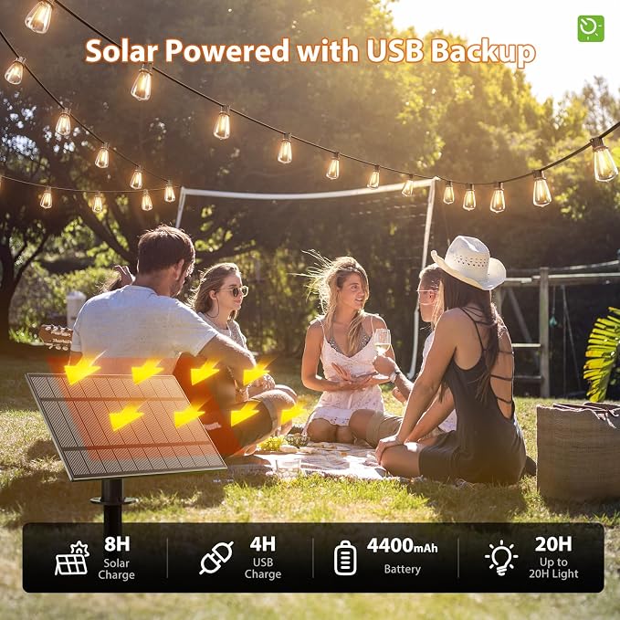 KYY 102FT(96+6) Solar String Lights Outdoor with USB Port Remote Control | LED Waterproof Solar Powered Patio with 32 Sockets, Heavy-Duty and UL Listed Porch Market Lights
