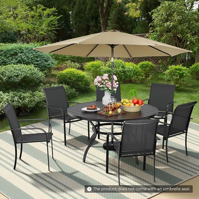 Incbruce 8 PCS Patio Dining Set with Brown Umbrella, Outdoor Dining Set of 6 Textilene Chairs and 53" Round Table with Umbrella Hole for Backyard, Garden, and Poolside (Black)