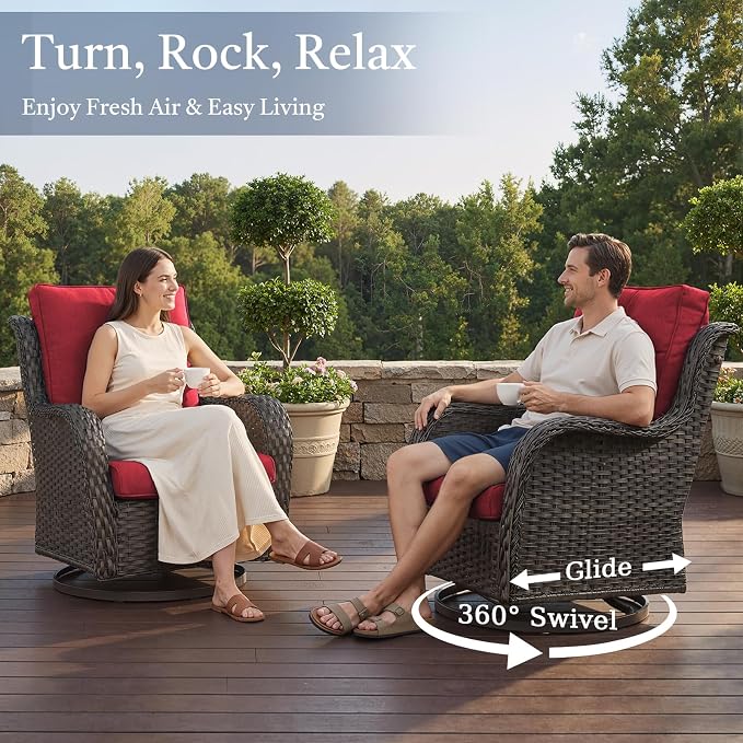 Wicker Patio Conversation Furniture Set All Weather Outdoor Furniture Set with Swivel Rocker Chairs and Fire Pit Table, High Back, 4 Inch Thick Cushions – Brown Wicker/Red Cushion, 5 PCS