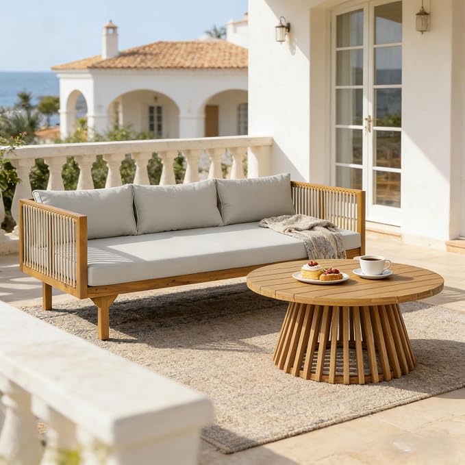 Christopher Knight Home Clarie Patio Sofa and Coffee Table Set, 2 Piece Outdoor Patio Furniture Set with Cushion, Acacia Wood 3 Seater Outdoor Sofa Daybed and Coffee Table Set, Light Gray+Teak