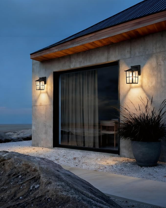 KDG Black Outdoor Waterproof Modern Patio Wall Light Fixtures Set of 2 | E26 Socket Exterior Lanterns & Sconce with Tempered Glass, Wall Mounted Lamps for Home, Front Door, Garden, Garage, Porch