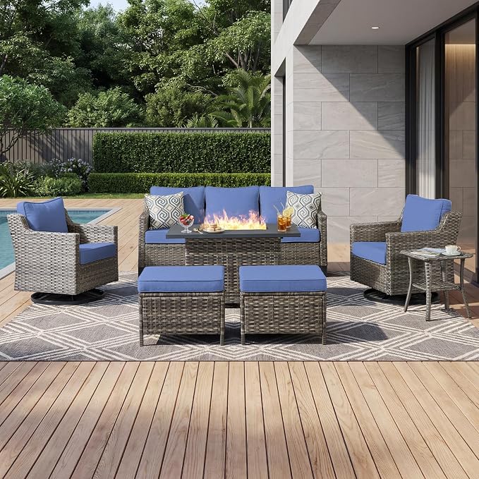 Luxury Patio Furniture Sofa Set - 7 Pieces All Weather Wicker Outdoor Couch and High Back Swivel Rocker Patio Chairs with fire Pit for Deck Yard and Poolside Gray Wicker | Blue Cushions