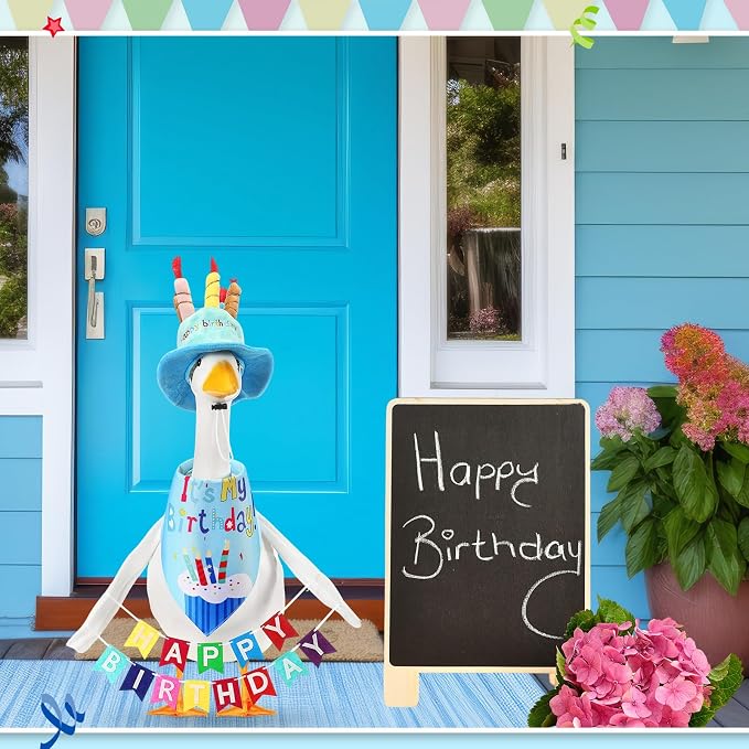 Abbylike 4 Pcs Happy Birthday Porch Goose Outfit for 23" Statues Poseable Porch Goose Wings Birthday Cake Hat for Lawn Patio Outdoor Geese Statue Decoration Accessories(Blue,Bib Style)