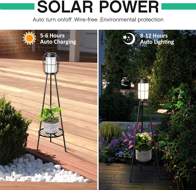 VISFLAIR 2 Pack Solar Lights with Plant Stand, Outdoor Floor Lamps, Waterproof Solar Powered Floor Lamps for Patio Deck Porch Yard Garden Decor