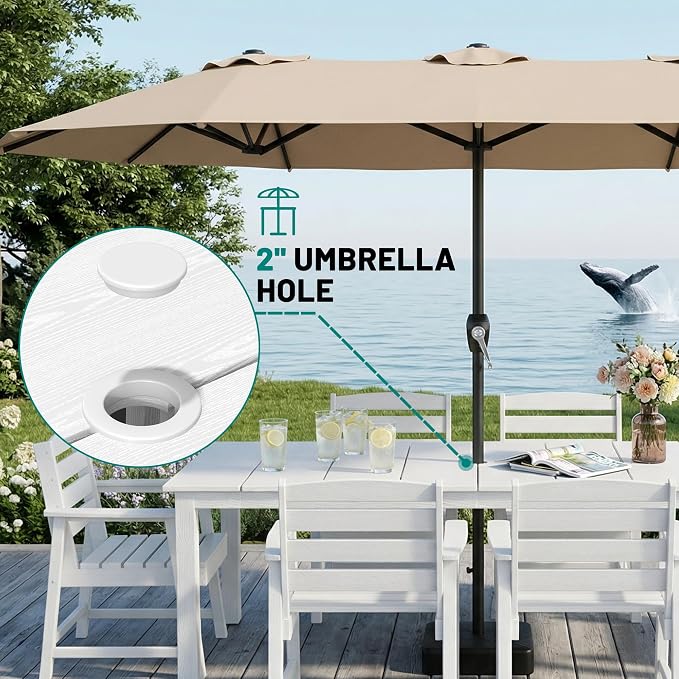 PLUUV 9-Piece Outdoor Patio Dining Set – HDPE Dining Table with Aluminum Legs and Umbrella Hole, 8 Chairs & 1 Table, All-Weather Patio Furniture Set for Garden Deck Backyard, White