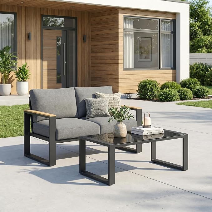 RoyalCraft Aluminum Outdoor Patio Furniture Set with Height-Adjustable Footrest, 2 Pieces All-Weather Patio Sofa Sets with Coffee Table for Porch Backyard Garden Patio, Grey