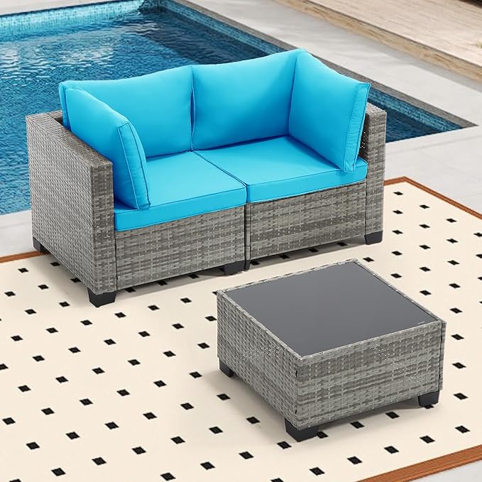 Bonzy Home 3 Pieces Outdoor Patio Furniture Set, PE Rattan Outdoor Sectional Furniture Sofa Set with Removable Cover and Glass Coffee Table, Patio Sofa for Balcony, Porch, Garden, (Grey-Turk Blue)