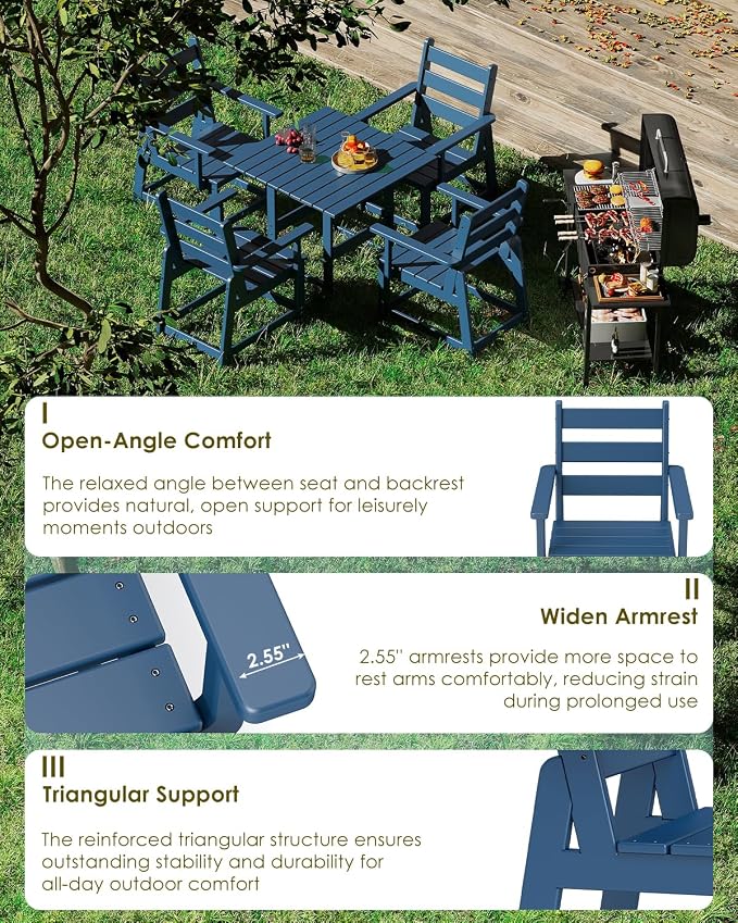 GREENVINES Patio-Chair | Outdoor Dining Chairs Set of 2 | HDPE Plastic | Removable Armrests | All Weather | for Backyard Deck Poolside Garden | Blue