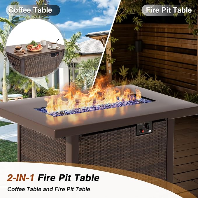 9 Pieces Outdoor Sectional Patio Furniture Set with Fire Pit Table PE Rattan Wicker Patio Sectional Armless Conversation Set with Cushions Grey
