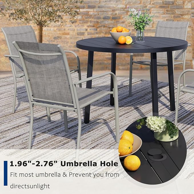 9 Pieces Patio Dining Set for 8, Grey Patio Stackable Chairs and Black Round Table Set of 8, Outdoor Furniture Set with Sling Support for Outside, Garden