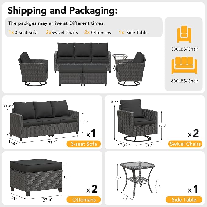 Patio Furniture Set, 6 Pcs Patio Outdoor Sectional, Wicker Outdoor Couch with Swivel Chair, Ottomans, Side Table, 4" Thick Cushion, for Garden Backyard Deck.Black
