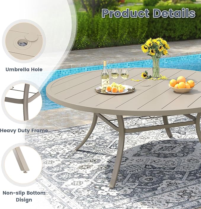 VICLLAX 11 Pieces Patio Outdoor Dining Set, 60" Round Metal Table with Umbrella Hole and 10 Stackable Textilene Chairs for Patio, Lawn, Garden, Porch, Sandshell