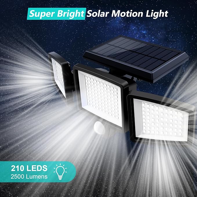 Tuffenough Solar Outdoor Lights 2500LM 210 LED Security Lights with Remote Control,3 Heads Motion Sensor Lights, IP65 Waterproof,270° Wide Angle Flood Wall Lights with 3 Modes(3 Packs)