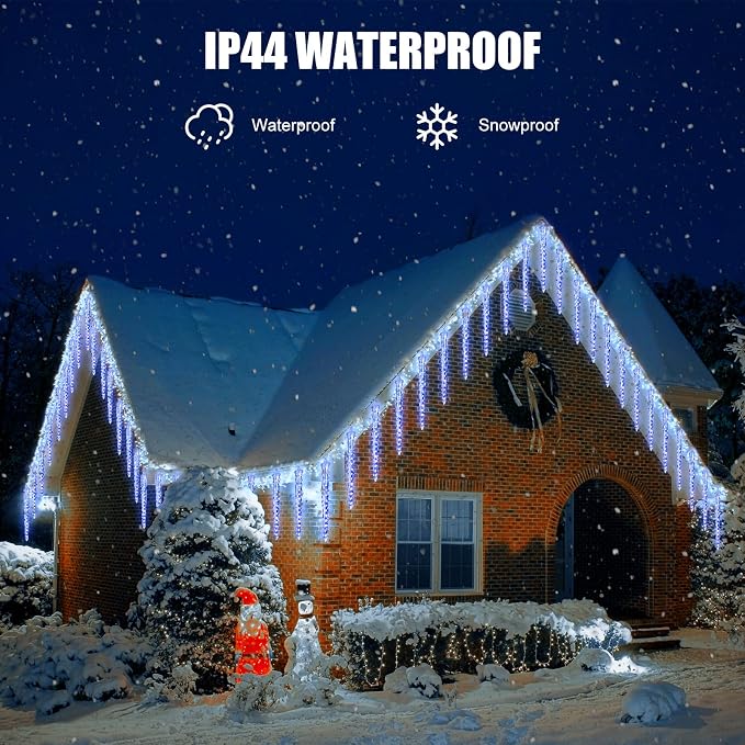Christmas Icicle Lights Outdoor, 10Ft. Meteor Shower Lights with 10 Large Icecycles, Snowfall Shooting Star Light Effect, Falling Crystal Christmas Decorations for House Eave Roofline Patio, Blue