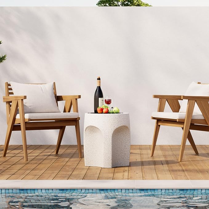 HOMPUS Outdoor Side Table Set of 2, Unique Patio End Table w Arch Shape, Round MgO Lightweight Concrete Accent, Modern Vintage Garden for Indoor Outdoor Use, White