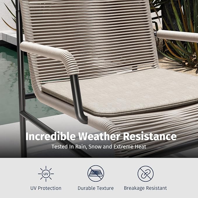 East Oak 3-Piece Patio Furniture Set, Outdoor Bistro Set with PE Rattan Wicker Wide Chairs, Soft Pads & Coffee Table, Modern All-Weather Wicker Patio Set for Garden and Porch, Creamy Apricot