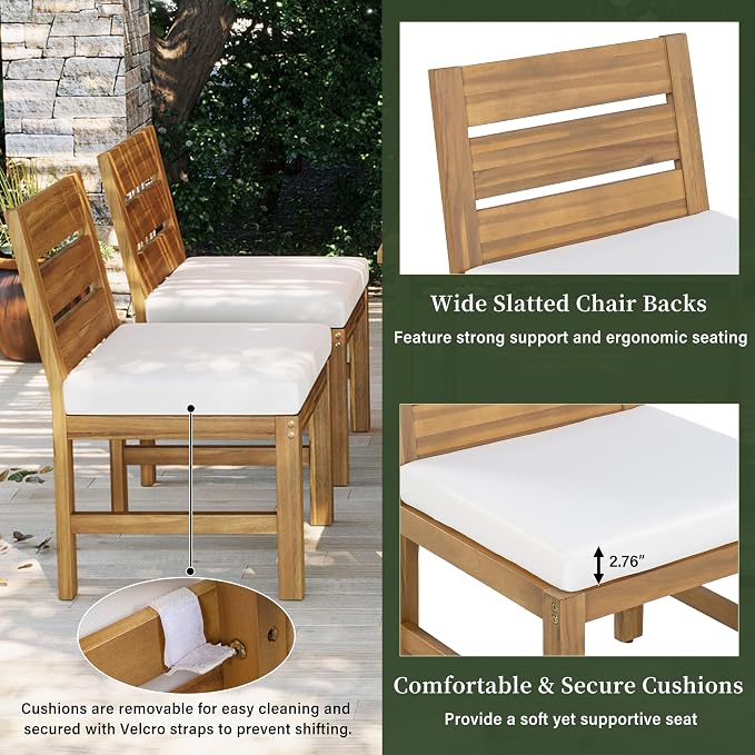 RUNNA Farmhouse 5-Piece Outdoor Patio Dining Set with Adjustable Legs,Acacia Wood Dinning Set for 4,Suitable for Backyard, Garden,or Deck (Beige+Natural)