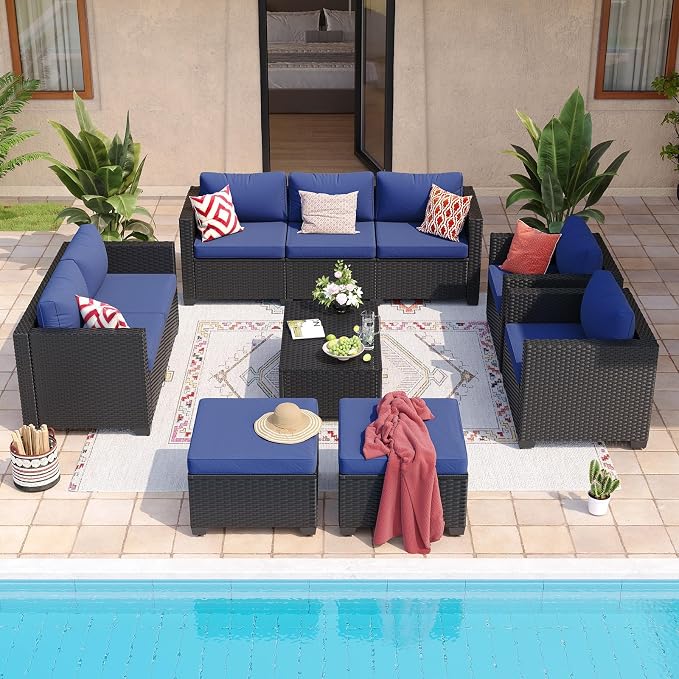 Aoxun 10 Piece Outdoor Patio Furniture Set 9 Seats, Outdoor Sectional with Thick Waterproof Cushions, Patio Conversation Sets for Garden,Backyard, Porch, Balcony, Black & Blue
