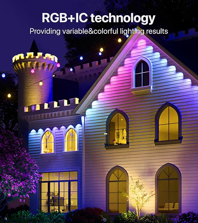 RGB+IC Permanent Outdoor Lights, DIY Lighting Effects, 200FT | Permanent Outdoor Lights with 120 LEDs, App & Remote Control, Timer, IP65 and Dynamic Effects for Yards, Home