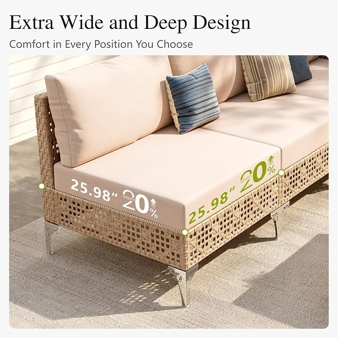 Sophia and William Wicker Patio Furniture Set, 7 Pieces Rattan Outdoor Conversation Sets, L-Shaped Yellow Patio Sectional Sofas Boho Modular Couch Set with Coffee Table for Yard Porch, Beige Cushion