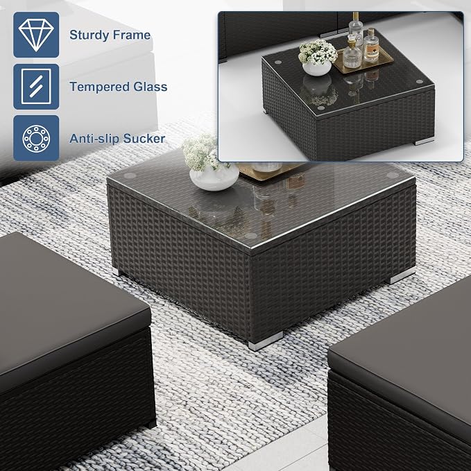 Oakcloud 5-Piece Outdoor Patio Furniture Sofa Set Black Rattan Wicker Sectional Conversation Sets with Glass Top Table and Cushions(Grey)