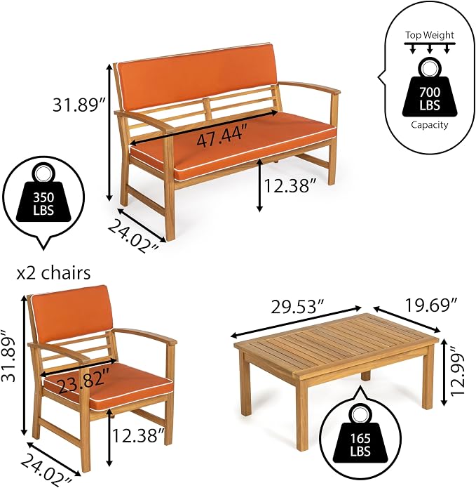 JONATHAN Y Barclay Modern 4-Piece Acacia Wood Outdoor Patio Set, Conversation Seating Group with Removable Cushions and Coffee Table for Backyard, Porch, Garden, Poolside, Orange LVG1000D-4SET