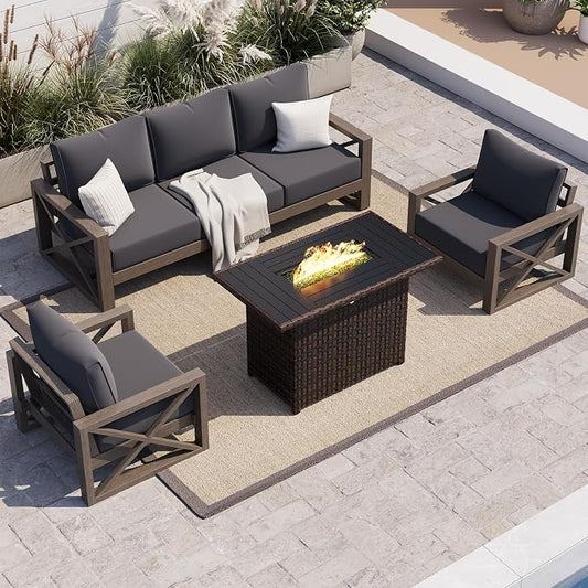UDPATIO Aluminum Patio Furniture Set, Faux Wood Grain Modern Outdoor Furniture, 6" Cushions Metal Patio Conversation Sofa with Fire Table for Poolside Deck, 6 PCS, Dark Grey(Include 600D Covers)