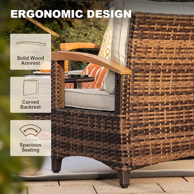 MEISSALIVVE 9-Piece Half-Moon Curved Outdoor Patio Furniture Set, Sectional Conversation Sofa with Wood Armrests, Coffee & Side Tables for Backyard Deck Garden,Beige