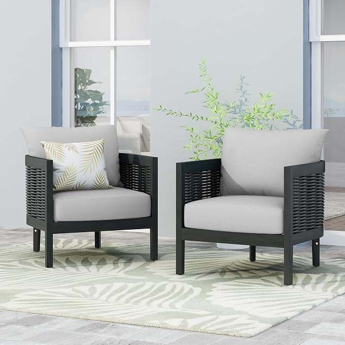 Merax Set of 2 Outdoor Acacia Wood Wicker Club Chair with Cushion,Patio Furniture Conversation Seat for Garden