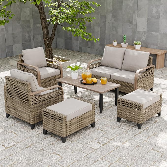 EAGLE PEAK Modern Wicker Outdoor Patio Furniture Set, Patio Conversation Set, 2 Chairs, 2-Seat Loveseat, 2 Ottomans and Coffee Table, 6 Pieces, Brown/Gray